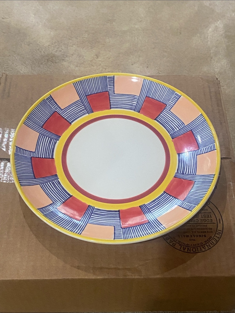 West Elm Yellow, Red, Blue Geometric Ceramic Dinner Plate